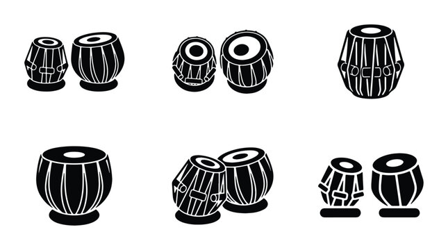 Tabla drum silhouettes set with traditional Indian musical instruments, percussion for music and performance
