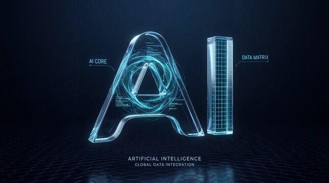 AI Artificial Intelligence Glowing 3D Glass Lettering Concept