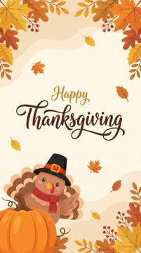 Happy Thanksgiving Greeting with Cute Turkey and Autumn Leaves.