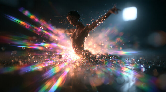 Ballerina Dancing with Prismatic Light and Water Splash