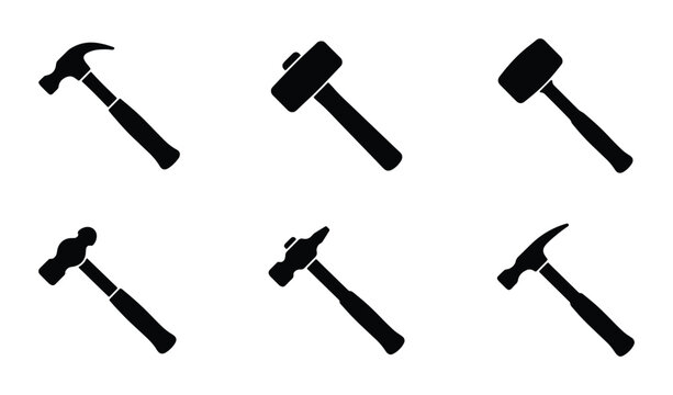 Hammer silhouettes set with claw, ball-peen, and sledgehammers for DIY and construction logo