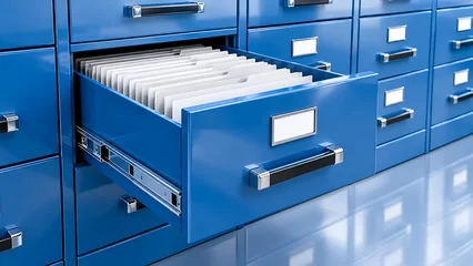 Blue Filing Cabinet with Open Drawer and Organized Hanging Files © Jonas Weinitschke