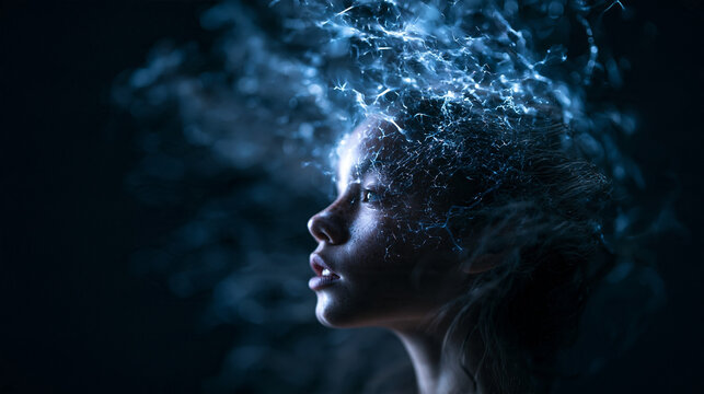 Young Girl Profile with Glowing Neural Network Brain Waves