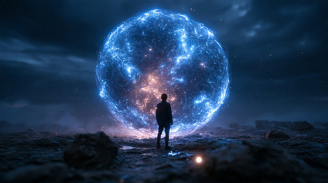 Man Standing in Front of Glowing Energy Sphere Portal