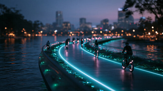 Cyclists Riding Along Illuminated Waterfront Pathway at Night