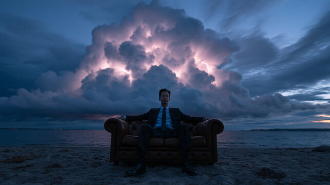 Businessman Sitting on Couch on Beach During Dramatic Thunderstorm