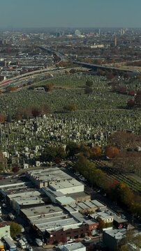 Vertical video: Aerial panoramic view of large city. Highway interchange near large Calvary Cemetery. Tilt down on rows of tombstones in green lawn. Queens, New York City, USA