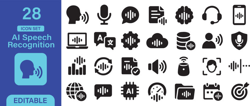AI Speech Recognition Solid Vector Icons for Voice Processing, Audio Transcription, Speech Analysis and Voice Control