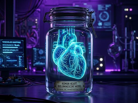Bioluminescent human heart model in futuristic medical lab for health