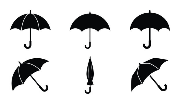 Umbrella silhouettes set with open and closed parasols for rain protection and outdoor use