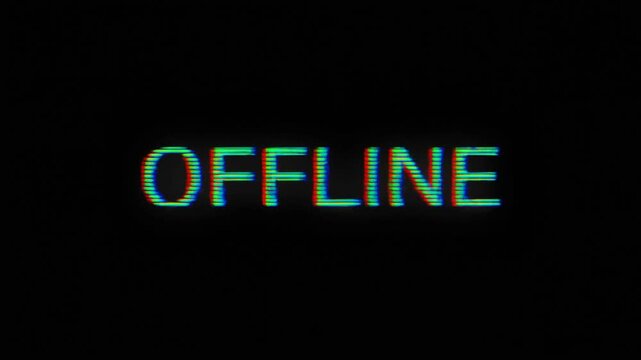 Static shot of flickering offline text with rgb split glitch and horizontal scanline distortion on black background, subtle jitter and chromatic aberration