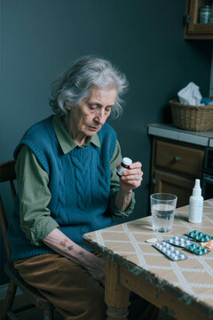 Vertical shot of senior Caucasian woman holding medicine bottle and reviewing pills at table, managing treatment at home. Useful for healthcare, aging, medication adherence campaigns