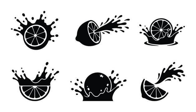 Citrus fruit splashes set with lemon and orange slices for juice logos and drinks design