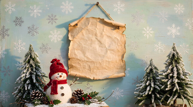 Winter holiday snowman holding blank scroll with evergreen trees and