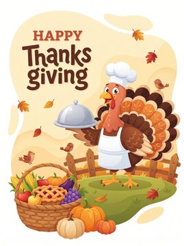 Happy Thanksgiving Turkey Chef Holding a Platter with Autumn Harvest Basket.