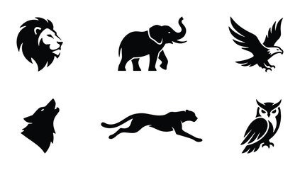 Obraz premium Animal silhouettes set with lion, elephant, eagle, wolf, cheetah and owl for logos and icons