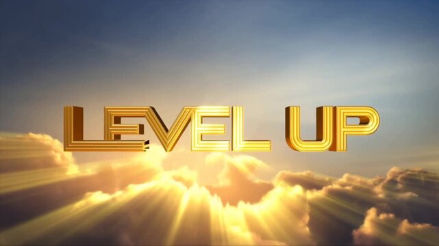 Tracking shot of golden 3d text level up moving forward above sunlit clouds in cinematic sky with radiant sun rays