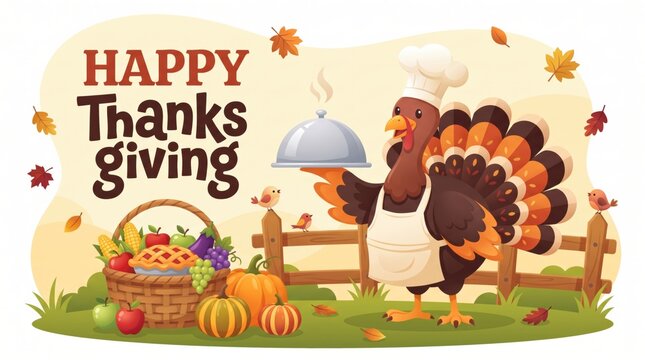 Happy Thanksgiving Turkey Chef with Food Basket and Autumn Leaves.