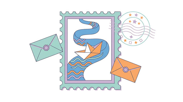 World Post Day postal stamp illustration with envelopes and boat, isolated on white, transparent background