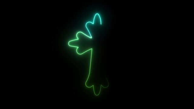 Abstract neon leaf shape in green and turquoise on black
