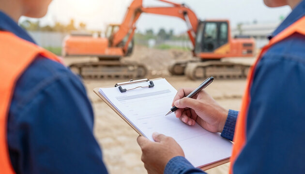 Construction site inspection workers reviewing plans with heavy machinery in background