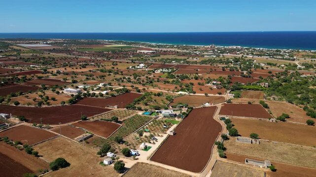 A high aerial view captures the rural Puglia countryside near Polignano a Mare, showcasing distinct red soil fields, scattered olive trees, and stone walls stretching towards the deep blue Adriatic
