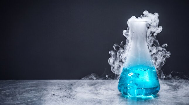 Glowing blue halloween potion in erlenmeyer flask with dry ice smoke on metal table