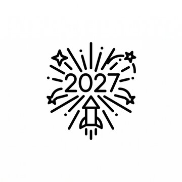 Black and white line vector icon representing New Year 2027 with a launching rocket and fireworks