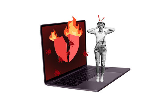 Composite photo collage of upset scared girl hacked macbook device insect trojan virus burn shield attack isolated on painted background