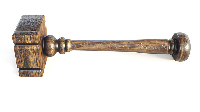 Wooden gavel with dark finish resting on plain background with against neutral background featuring carved handle block head against transparent utilitarian decoration with authority