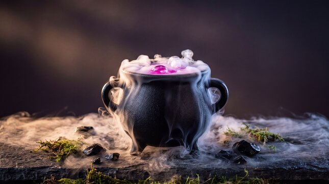Bubbling witch cauldron with purple magic potion and spooky dry ice fog