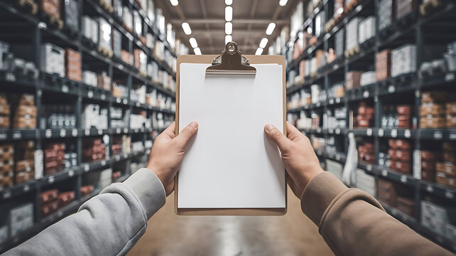 First person view of hands holding a blank book in a vast library setting