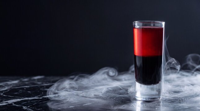 Layered red and black Halloween shooter glass on dark reflective marble