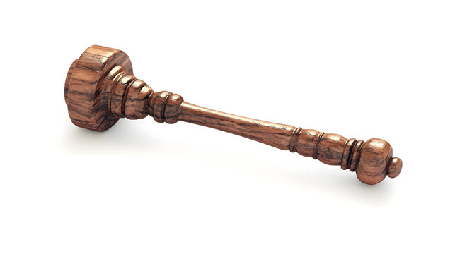 Isolated antique wooden gavel with metal accents resting on plain background with against white backdrop three dimensional accents alone cylindrical ornamental ceremonial