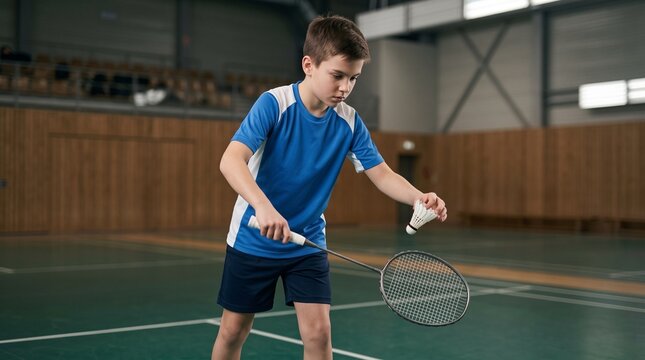 Young boy preparing underhand serve with shuttlecock and racket on indoor badminton court during training lesson