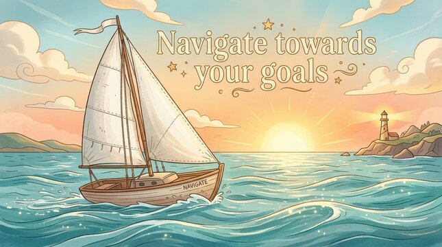 Sailboat navigating towards goals at sunrise with lighthouse and inspiring quote