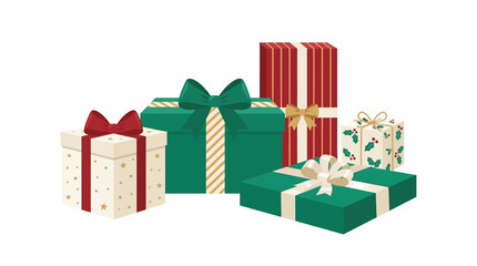 Fototapeta premium Christmas gift boxes with red ribbons and green wrapping, festive holiday present set, vector illustration for cards