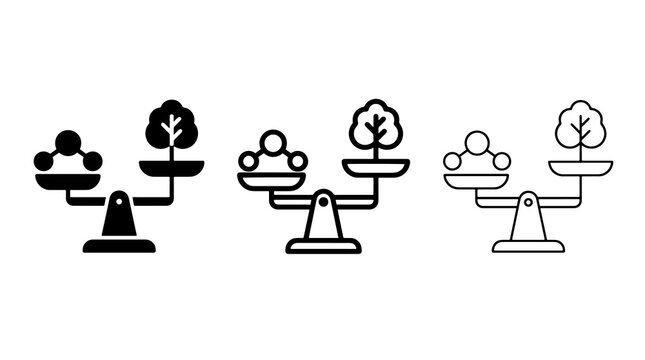 Ecology balance scales graphic icon set in black outline styles