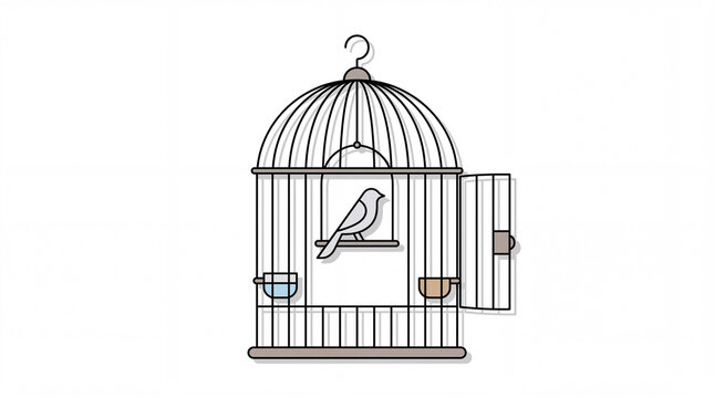 Vector bird cage open with a small bird sitting inside