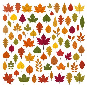 Autumn Leaves Collection in Various Shapes and Warm Colors Isolated on White Background