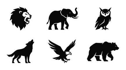 Fototapeta premium Wild animal silhouettes set with lion, elephant, owl, wolf, eagle and bear for logo or icon