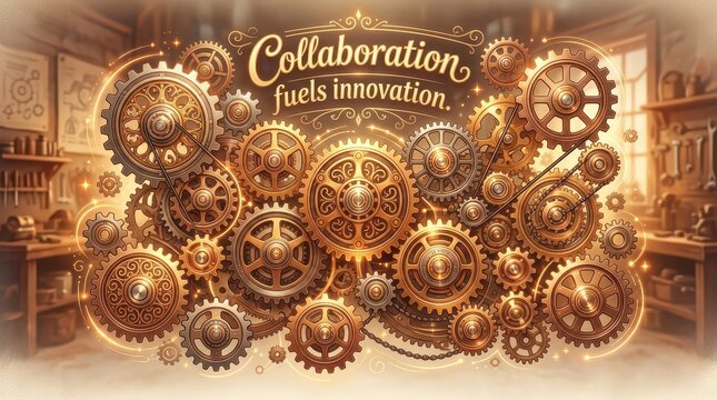 Steampunk gears and cogs symbolizing collaboration and innovation in a workshop