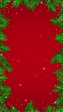 Red Christmas Tree Branch Frame with Sparkling Stars Glitters Animation, Pine Border Holiday New Year Videos Vertical Social Media Motion background