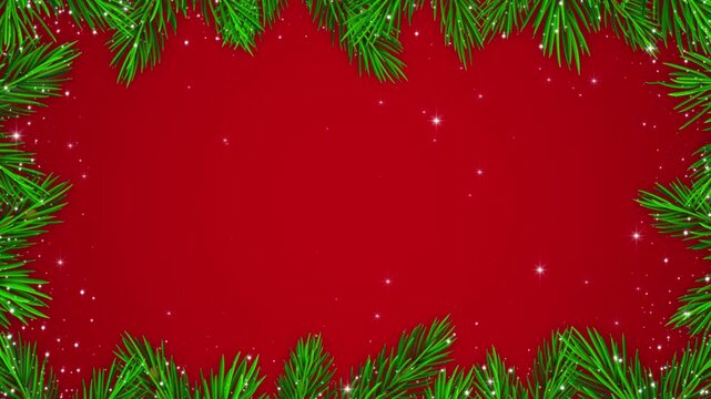 Red Christmas Tree Branch Frame with Sparkling Stars Glitters Animation, Pine Border Holiday New Year Videos Social Media Motion background