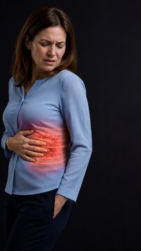 Woman holding her side with a tense expression on a dark background. A red rash and curved nerve pathways appear as an anatomy overlay across her blue blouse, forming a concept of skin and nerve pain.