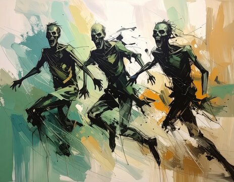 Abstract painting of three terrifying zombies running. The style is expressive and dynamic, with bold brushstrokes and a limited color palette.