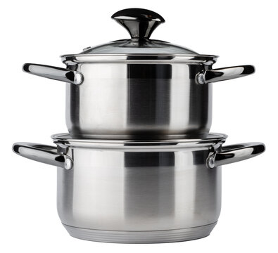 Stainless steel cooking pots stacked for efficient storage and easy access in a modern kitchen