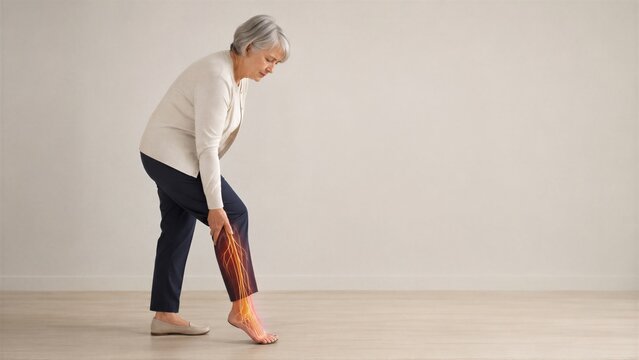 Senior woman bending to touch her shin with one bare heel raised. Orange nerve branches overlay the calf as a beige flat shoe and cream blouse frame a standing discomfort concept in the indoor scene.