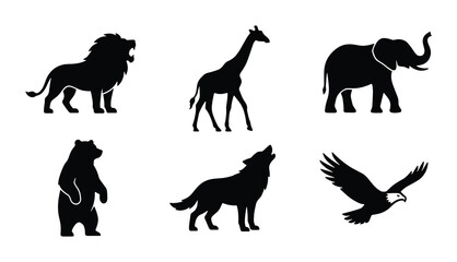 Fototapeta premium Wild animal silhouettes set with lion, giraffe, elephant, bear, wolf and eagle for logo or signage
