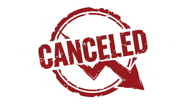 Distressed canceled stamp with a downward-pointing arrow inside a circular seal, representing business decline, project cancellation, or economic downturn, for financial reports, administrative